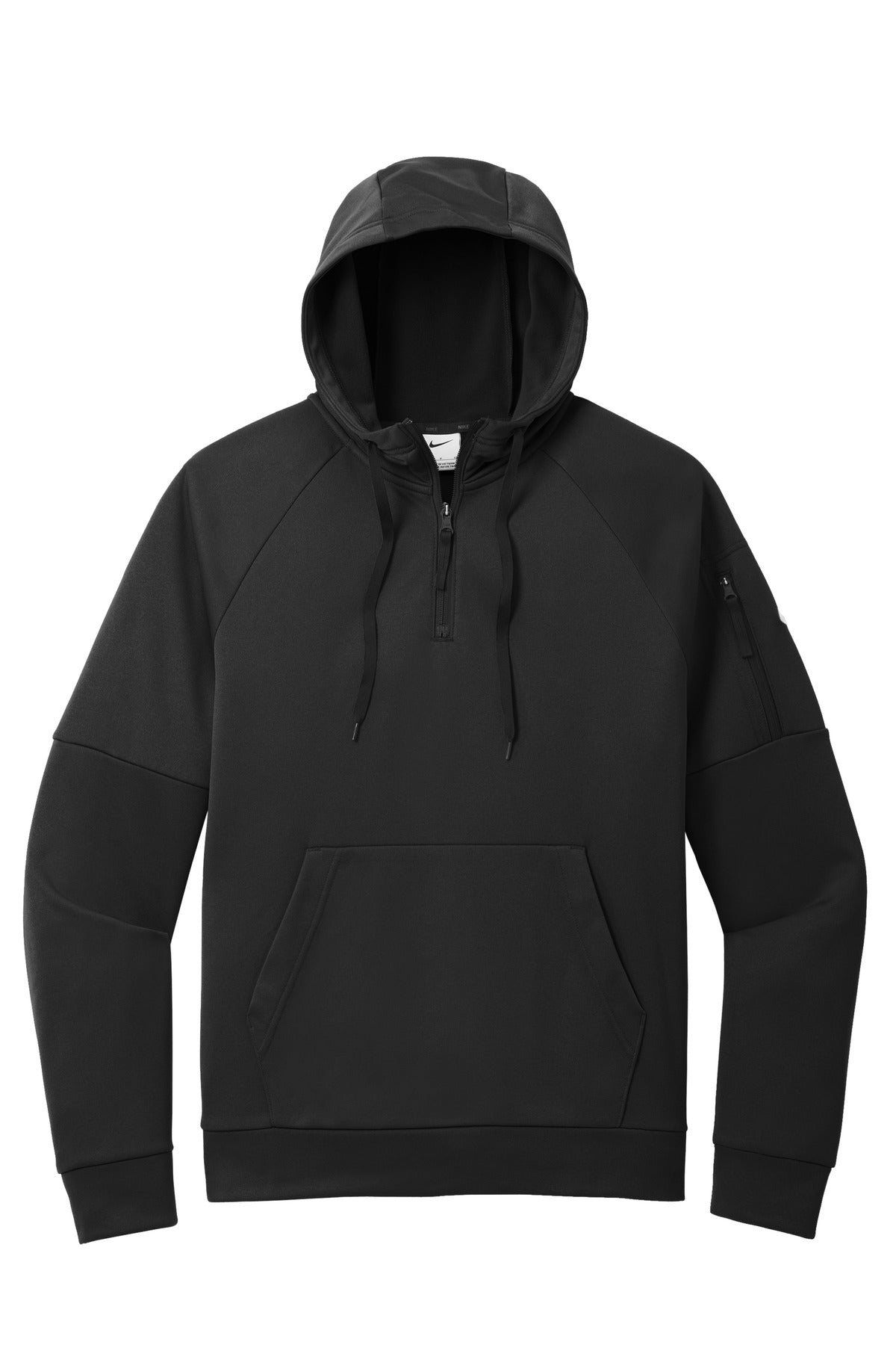 Front View of Black Nike Therma-FIT Pocket 1/4-Zip Fleece Hoodie NKFD9742