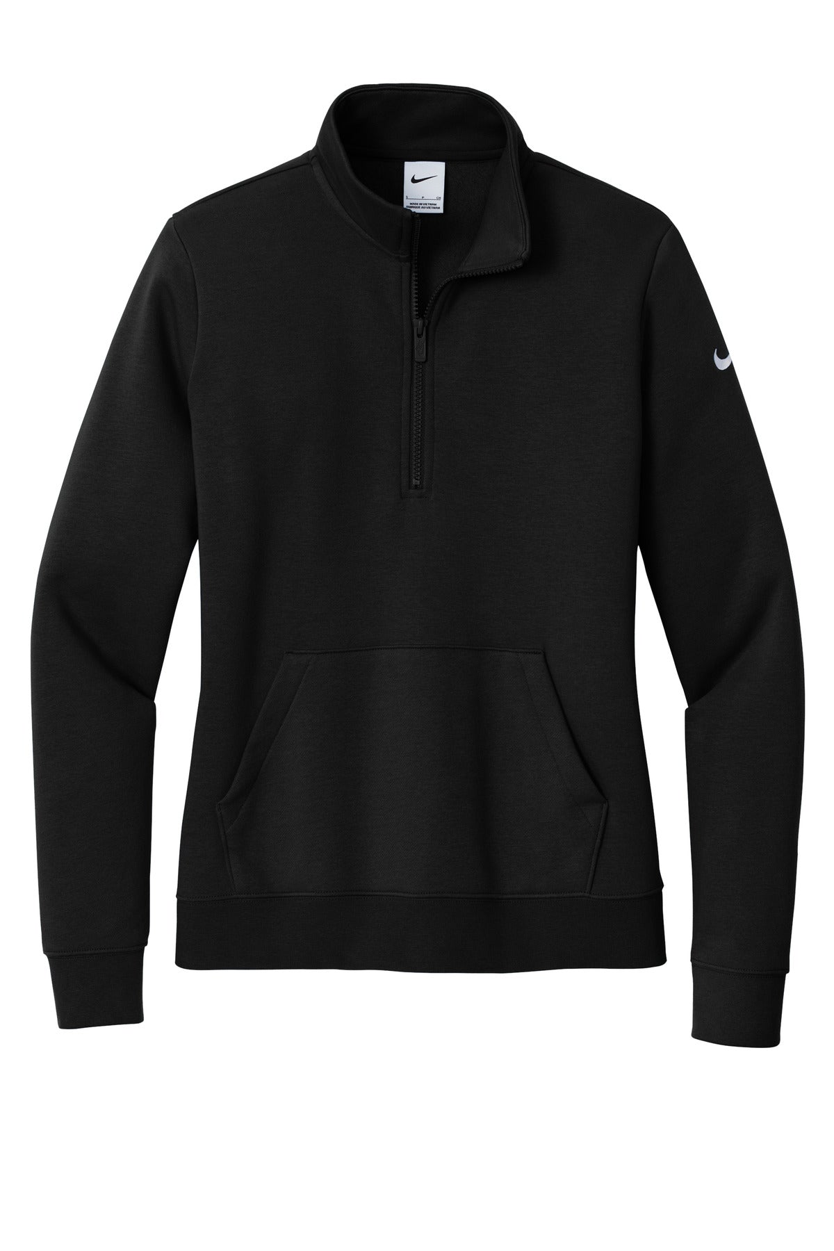 Front View of Black Nike Women's Club Fleece Sleeve Swoosh 1/2-Zip NKDX6720