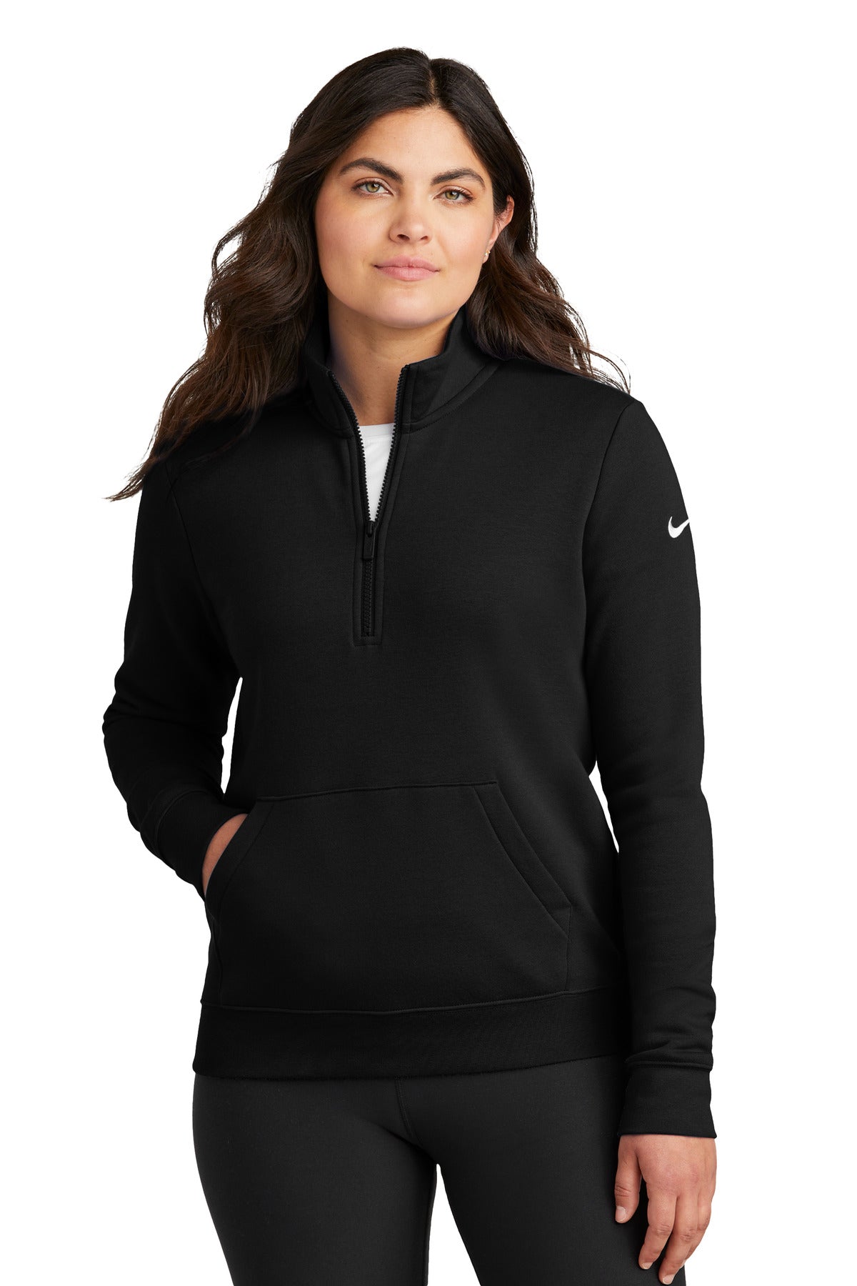 Front View of Black Nike Women's Club Fleece Sleeve Swoosh 1/2-Zip NKDX6720