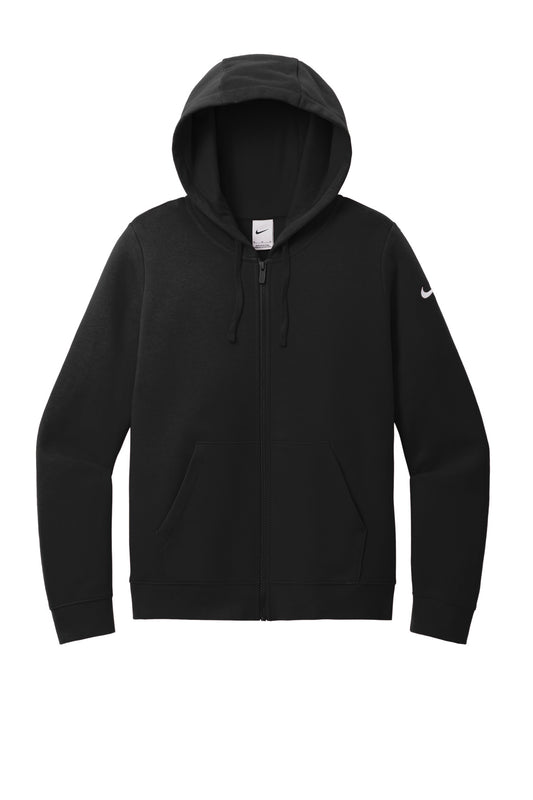 Front View of Black Nike Women's Club Fleece Sleeve Swoosh Full-Zip Hoodie NKFD9890