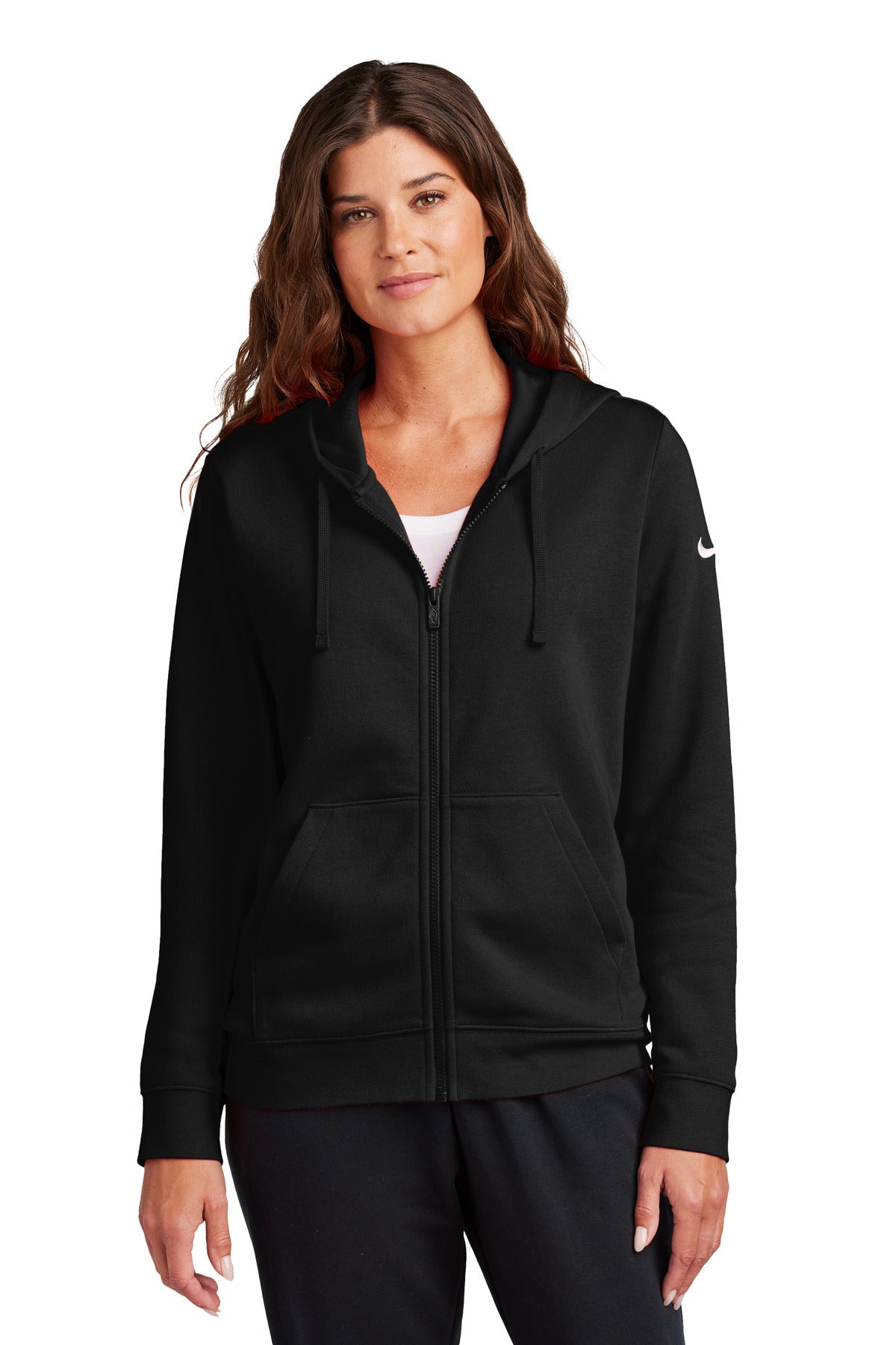 Front View of Black Nike Women's Club Fleece Sleeve Swoosh Full-Zip Hoodie NKFD9890