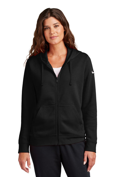Front View of Black Nike Women's Club Fleece Sleeve Swoosh Full-Zip Hoodie NKFD9890