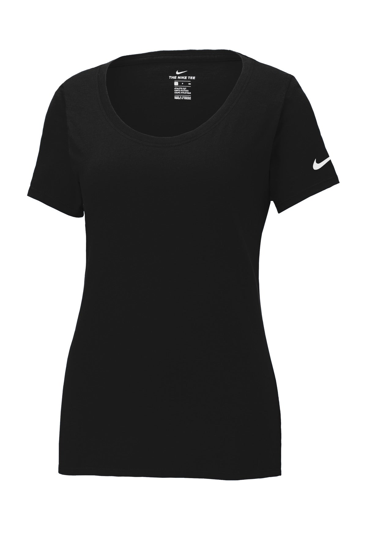 Front View of Black Nike Women's Dri-FIT Cotton/Poly Scoop Neck Tee. NKBQ5234