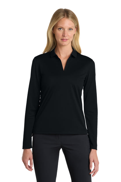 Front View of Black Nike Women's Dri-FIT Micro Pique 2.0 Long Sleeve Polo NKDC2105