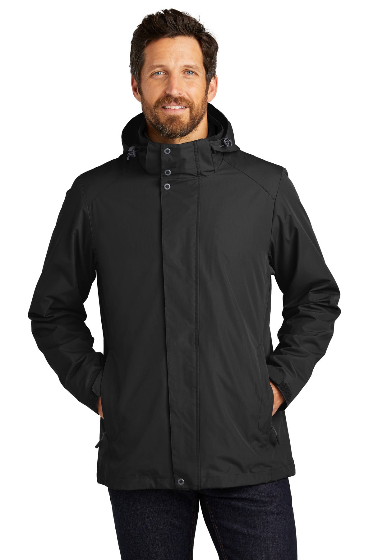 Front View of Black Port Authority All-Weather 3-in-1 Jacket J123