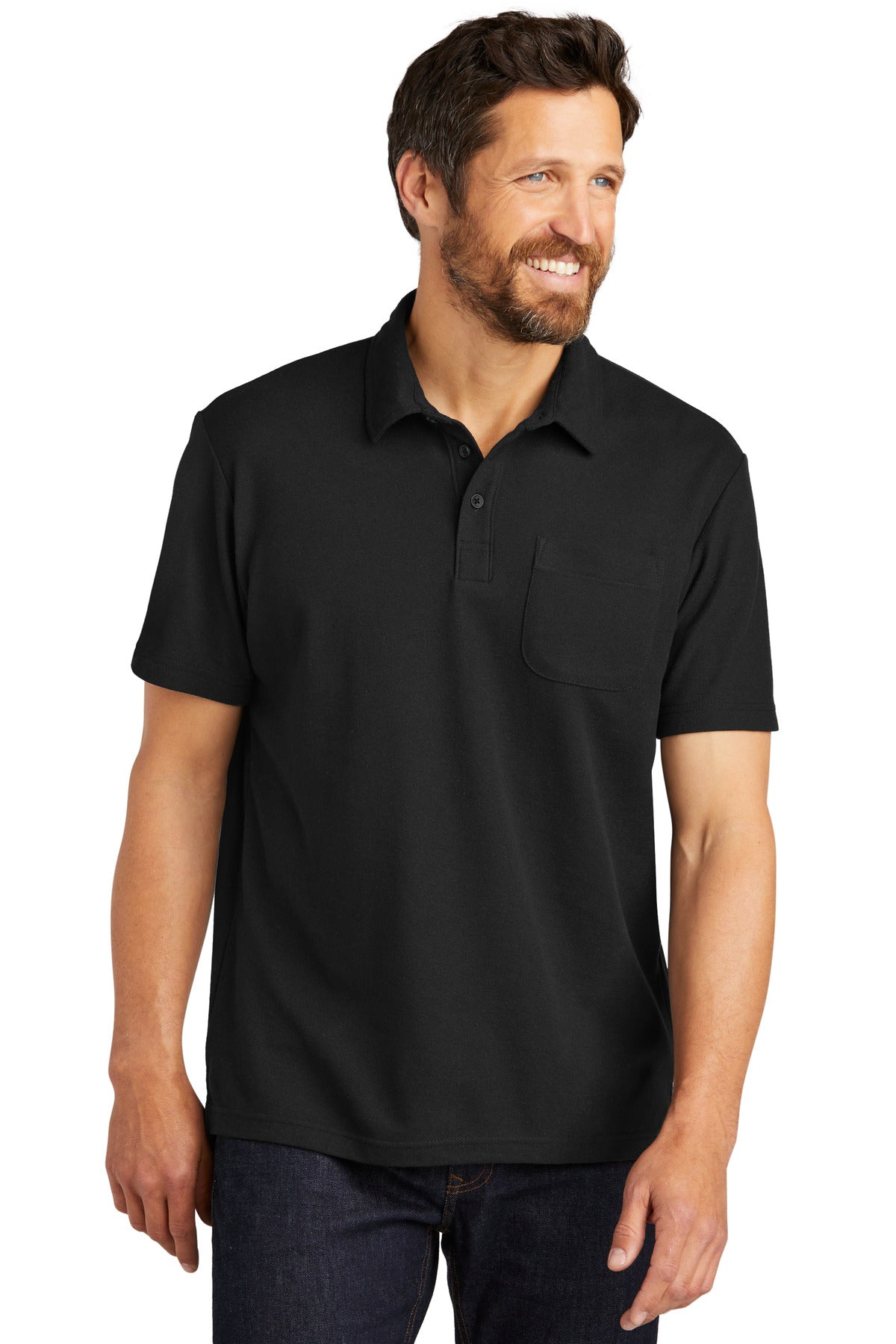 Front View of Black Port Authority C-FREE Cotton Blend Pique Pocket Polo K868