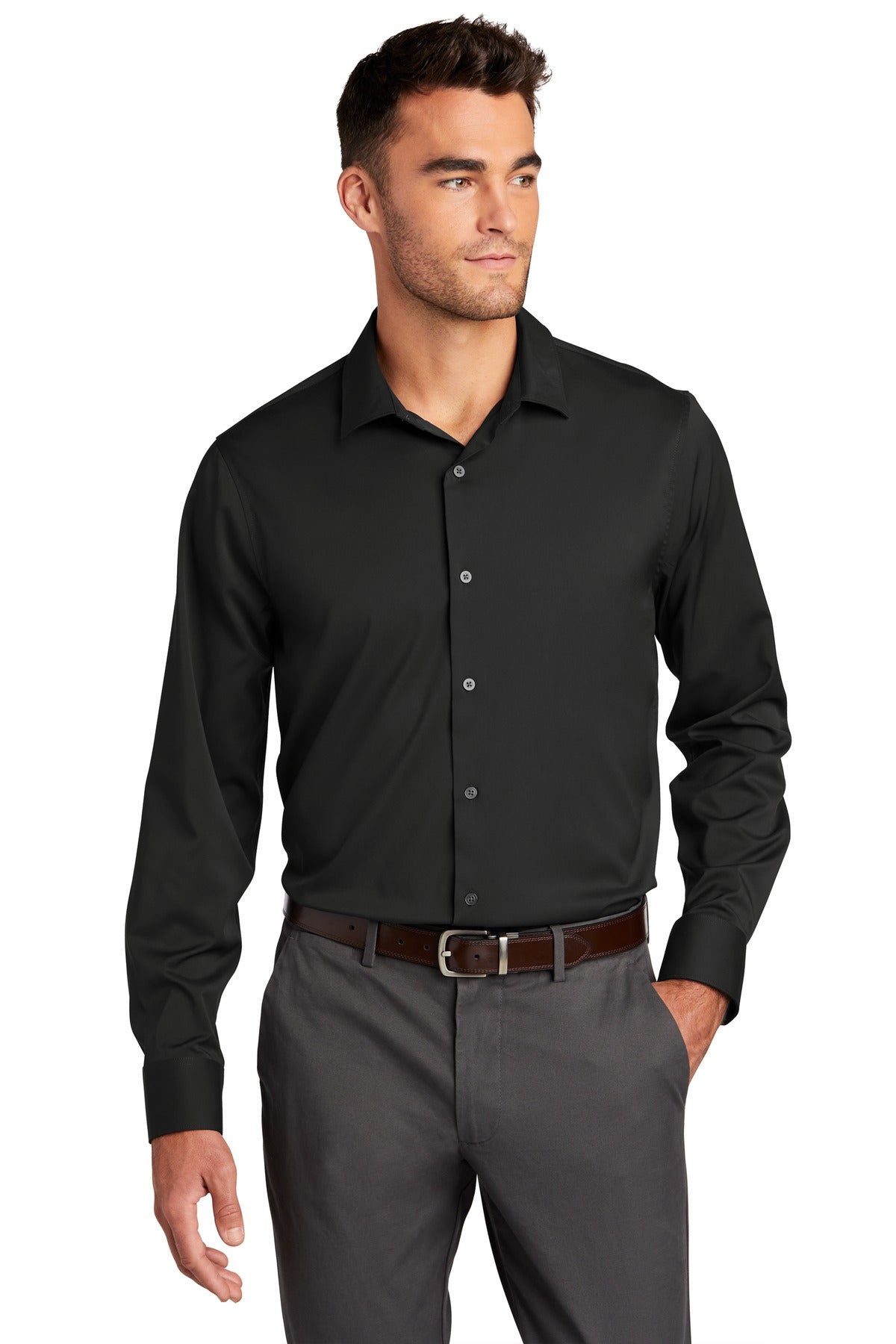 Front View of Black Port Authority City Stretch Shirt W680