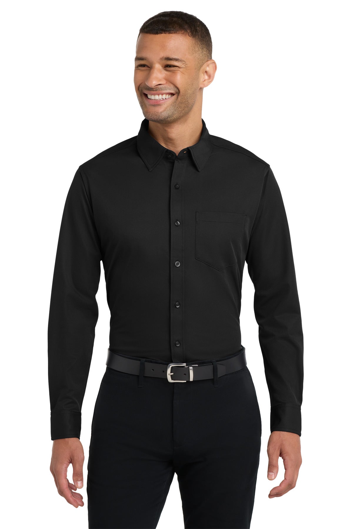 Front View of Black Port Authority Dimension Knit Dress Shirt. K570