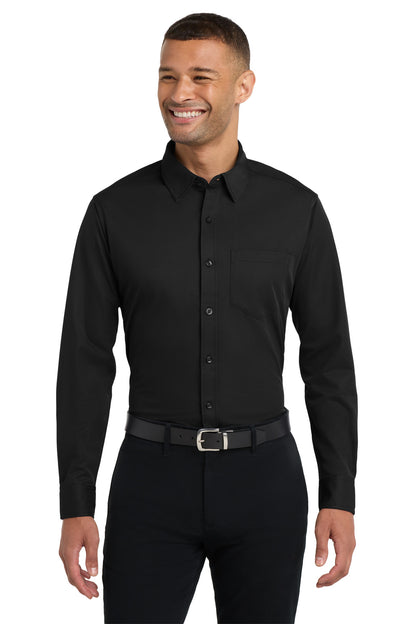 Front View of Black Port Authority Dimension Knit Dress Shirt. K570