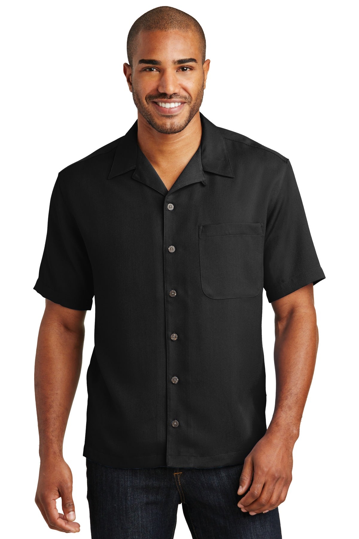 Front View of Black Port Authority Easy Care Camp Shirt. S535