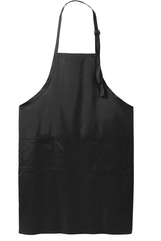 Front View of Black Port Authority Easy Care Extra Long Bib Apron with Stain Release. A700