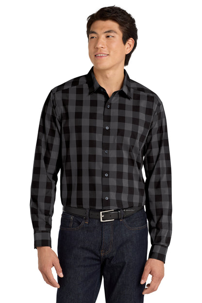 Front View of Black Port Authority Everyday Plaid Shirt. W670