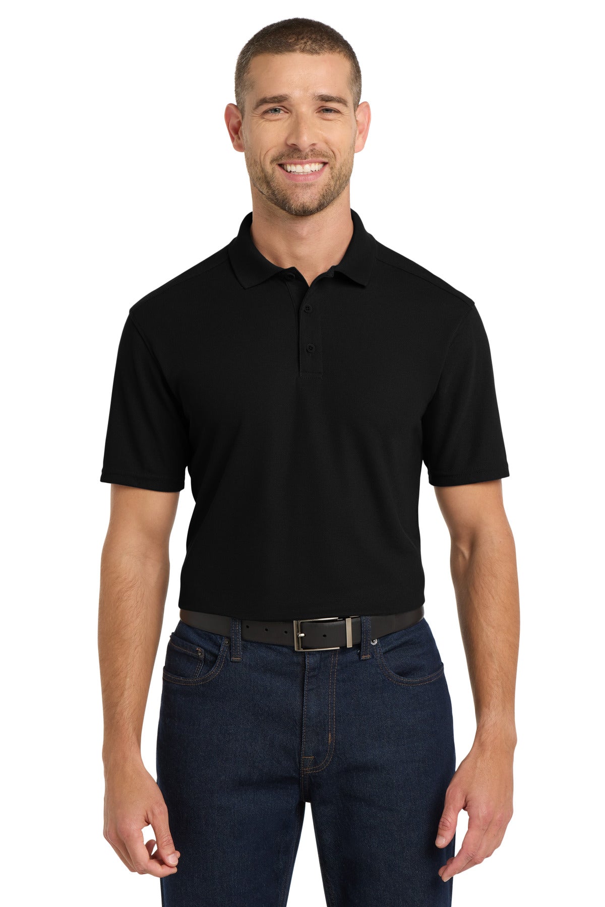 Front View of Black Port Authority EZPerformance Pique Polo. K600
