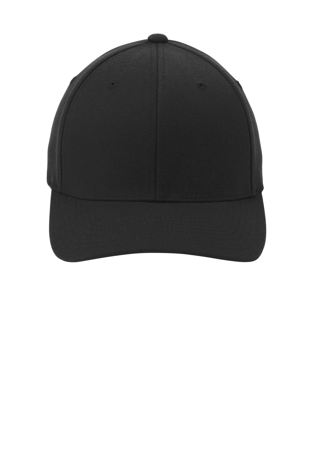 Front View of Black Port Authority Flexfit Wool Blend Cap. C928