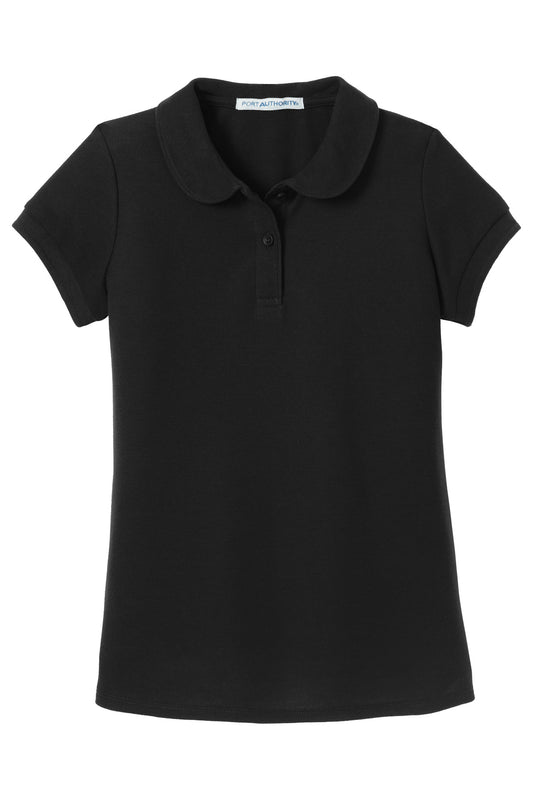 Front View of Black Port Authority Girls Silk Touch Peter Pan Collar Polo. YG503