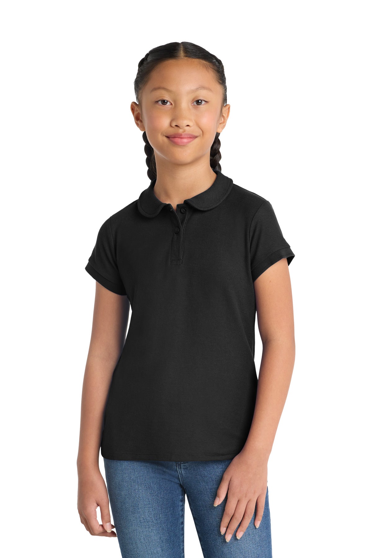 Front View of Black Port Authority Girls Silk Touch Peter Pan Collar Polo. YG503