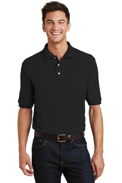 Front View of Black Port Authority Heavyweight Cotton Pique Polo with Pocket. K420P