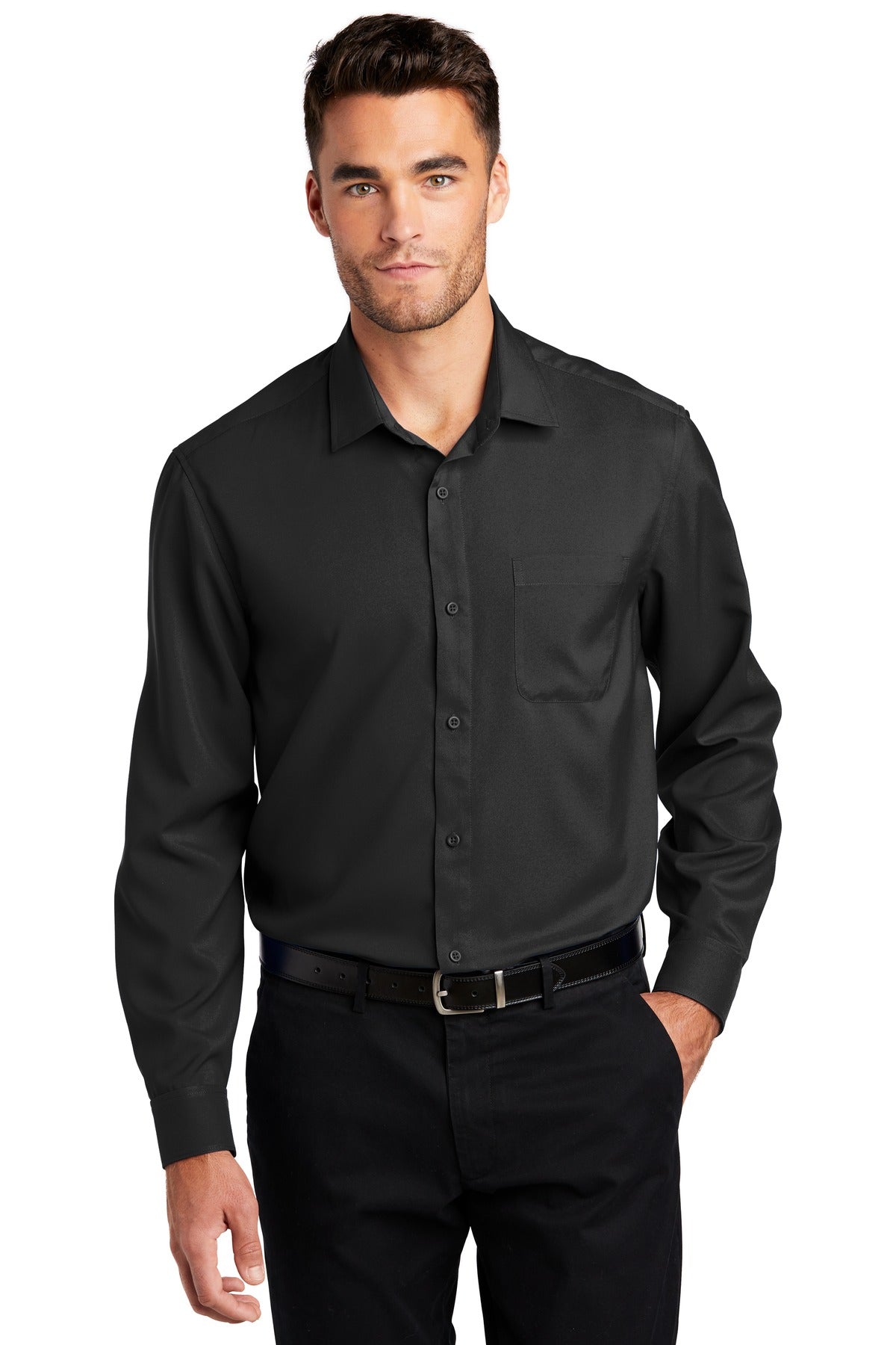 Front View of Black Port Authority Long Sleeve Performance Staff Shirt W401