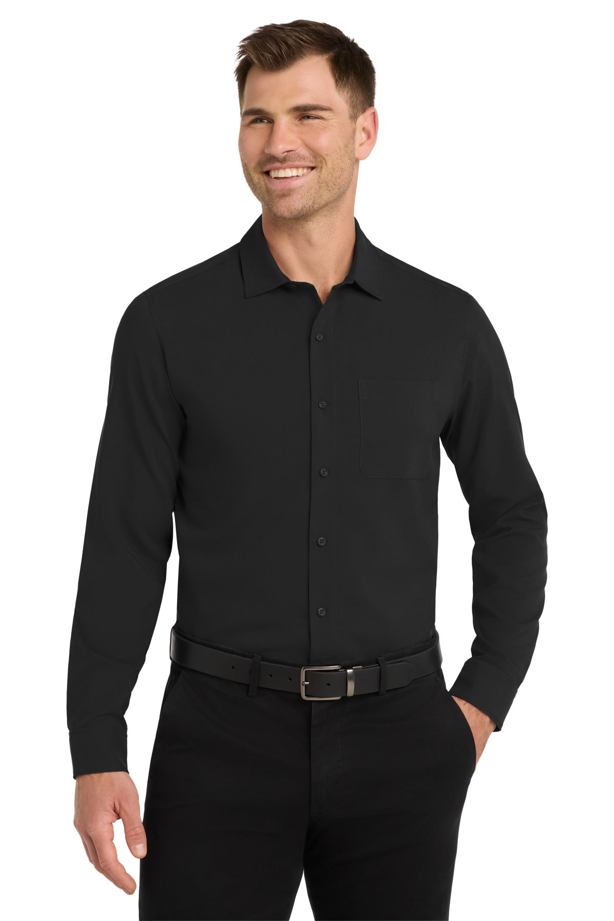 Front View of Black Port Authority Long Sleeve Performance Staff Shirt W401