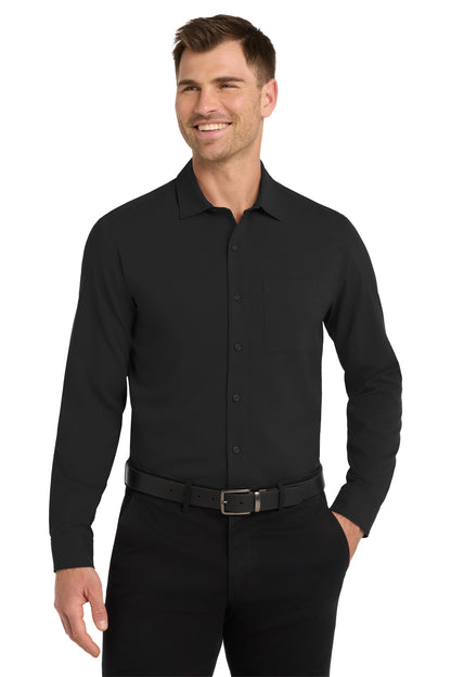 Front View of Black Port Authority Long Sleeve Performance Staff Shirt W401