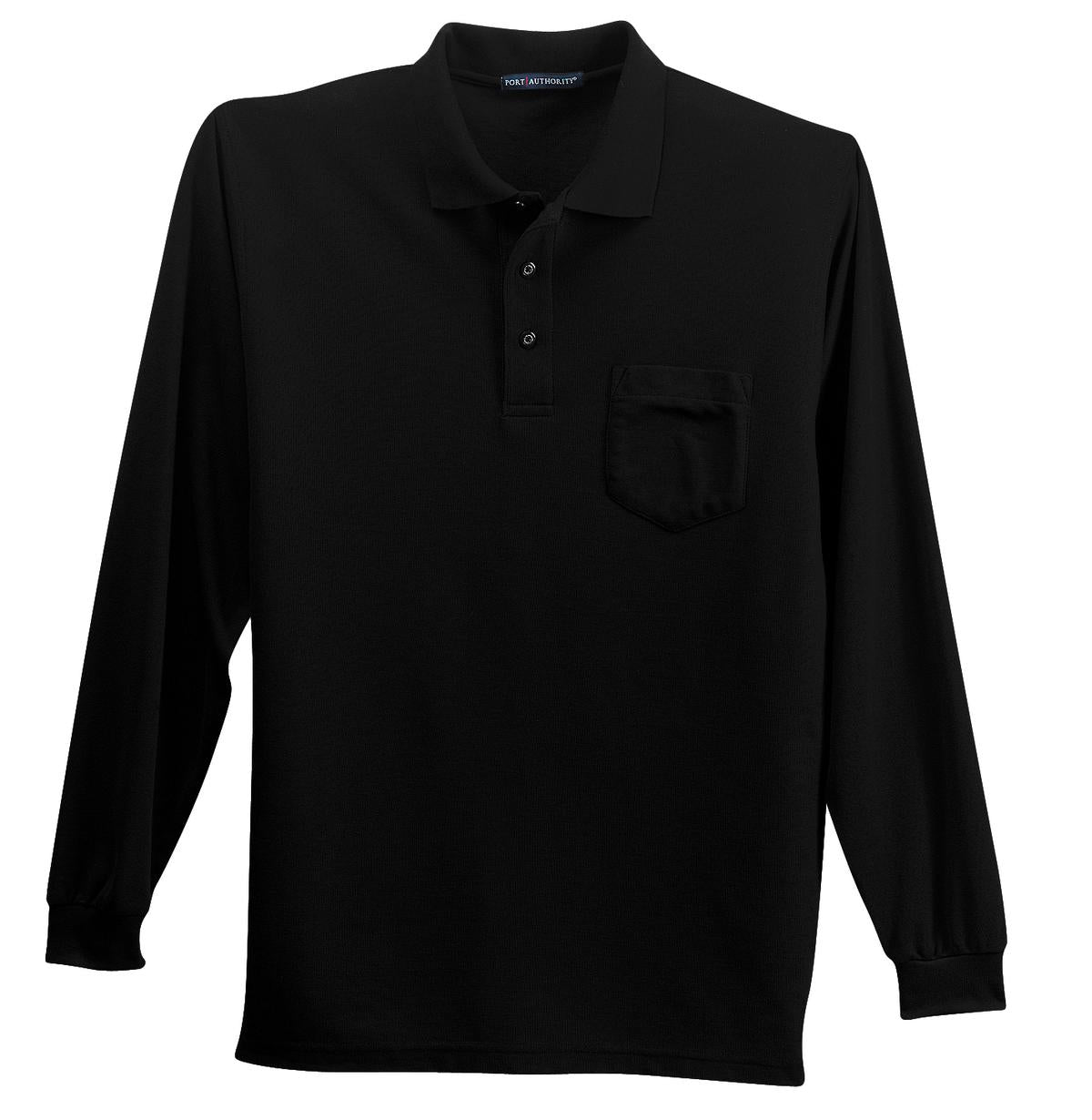 Front View of Black Port Authority Long Sleeve Silk Touch Polo with Pocket. K500LSP