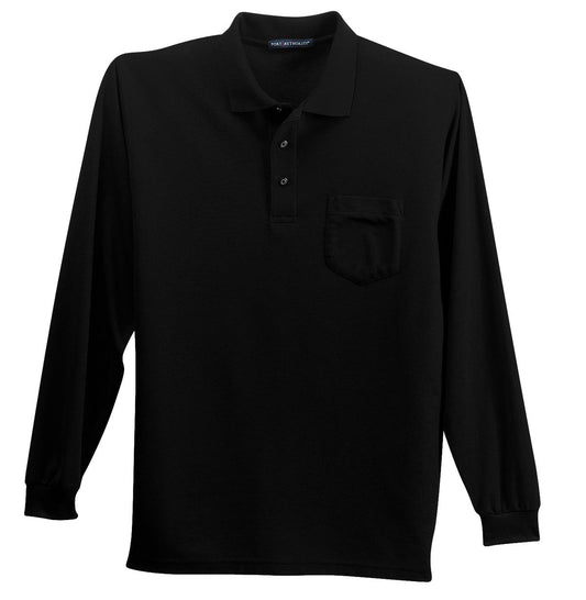 Front View of Black Port Authority Long Sleeve Silk Touch Polo with Pocket. K500LSP