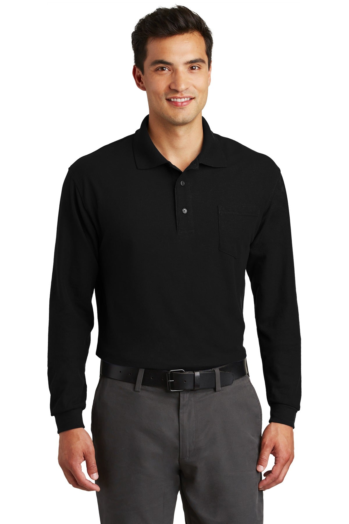 Front View of Black Port Authority Long Sleeve Silk Touch Polo with Pocket. K500LSP