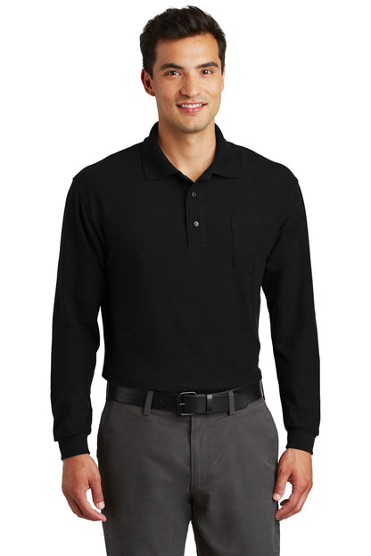 Front View of Black Port Authority Long Sleeve Silk Touch Polo with Pocket. K500LSP