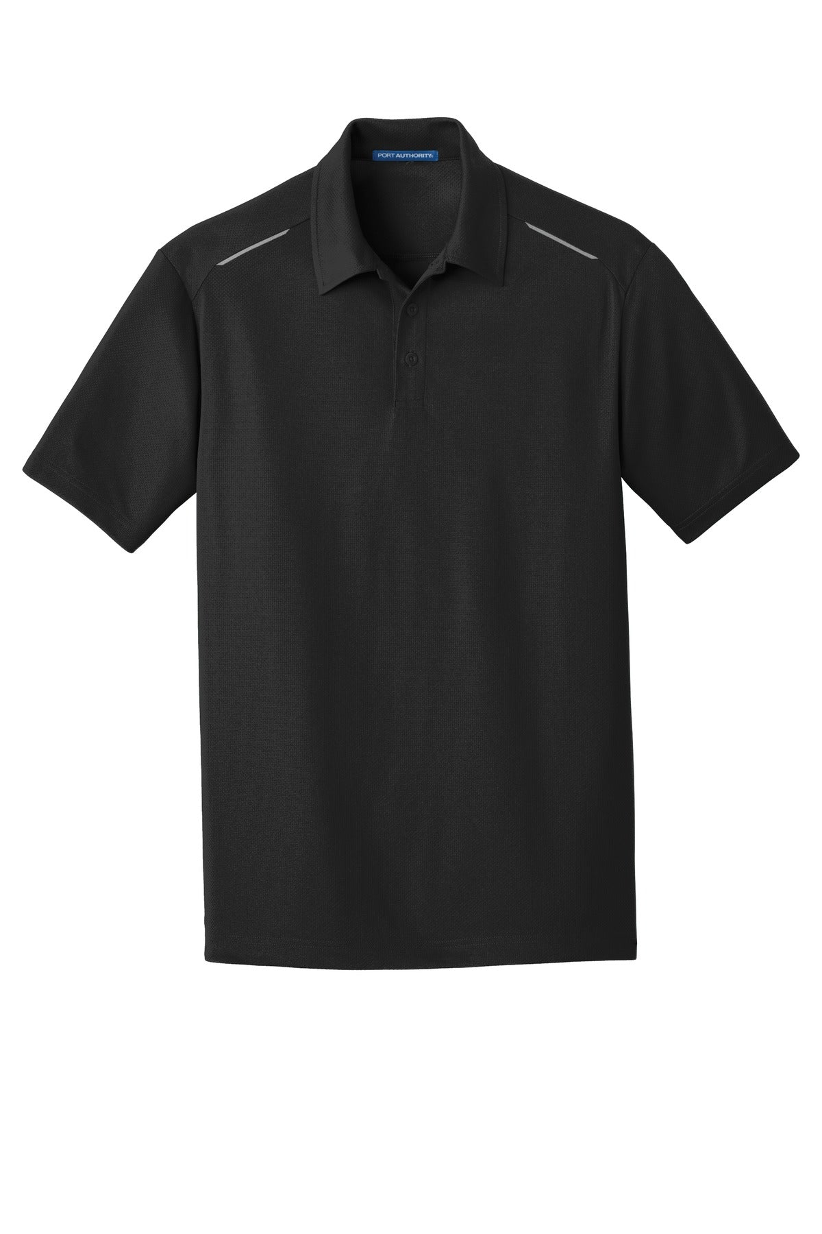 Front View of Black Port Authority Pinpoint Mesh Polo. K580