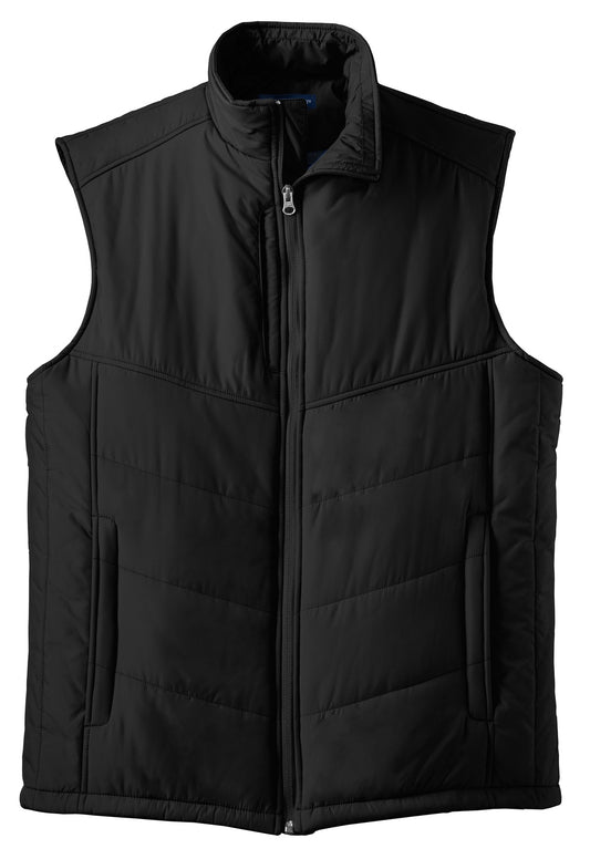 Front View of Black Port Authority Puffy Vest. J709