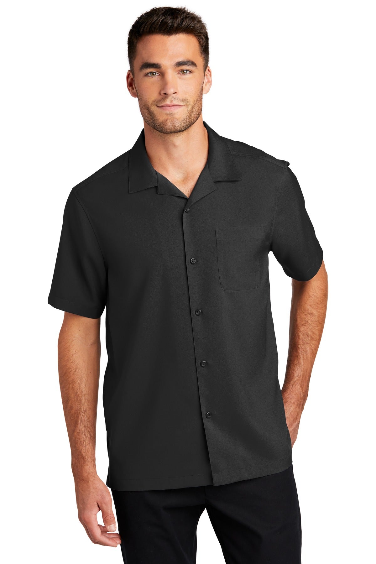 Front View of Black Port Authority Short Sleeve Performance Staff Shirt W400