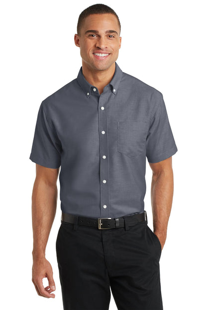 Front View of Black Port Authority Short Sleeve SuperPro Oxford Shirt. S659