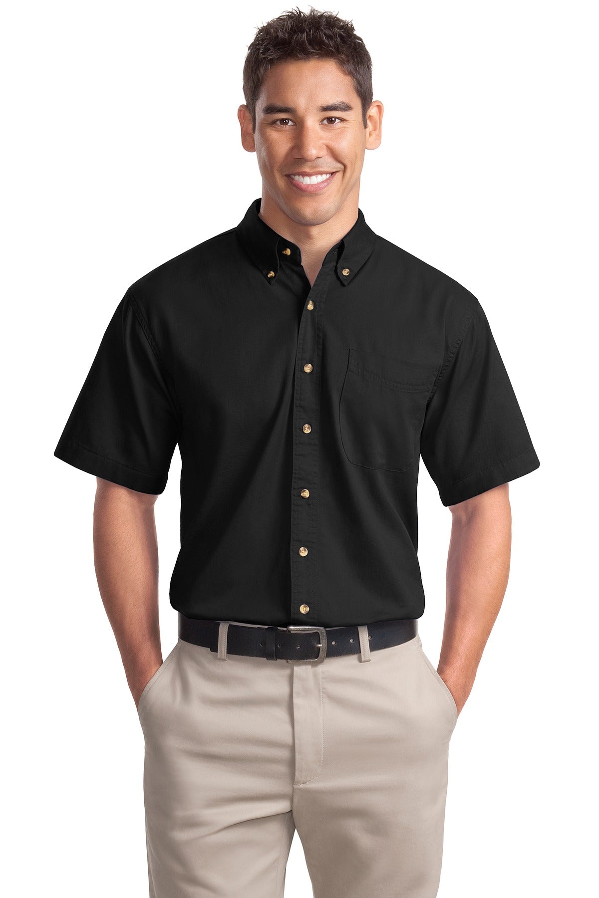 Front View of Black Port Authority Short Sleeve Twill Shirt. S500T