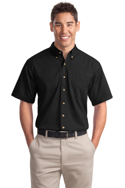 Front View of Black Port Authority Short Sleeve Twill Shirt. S500T