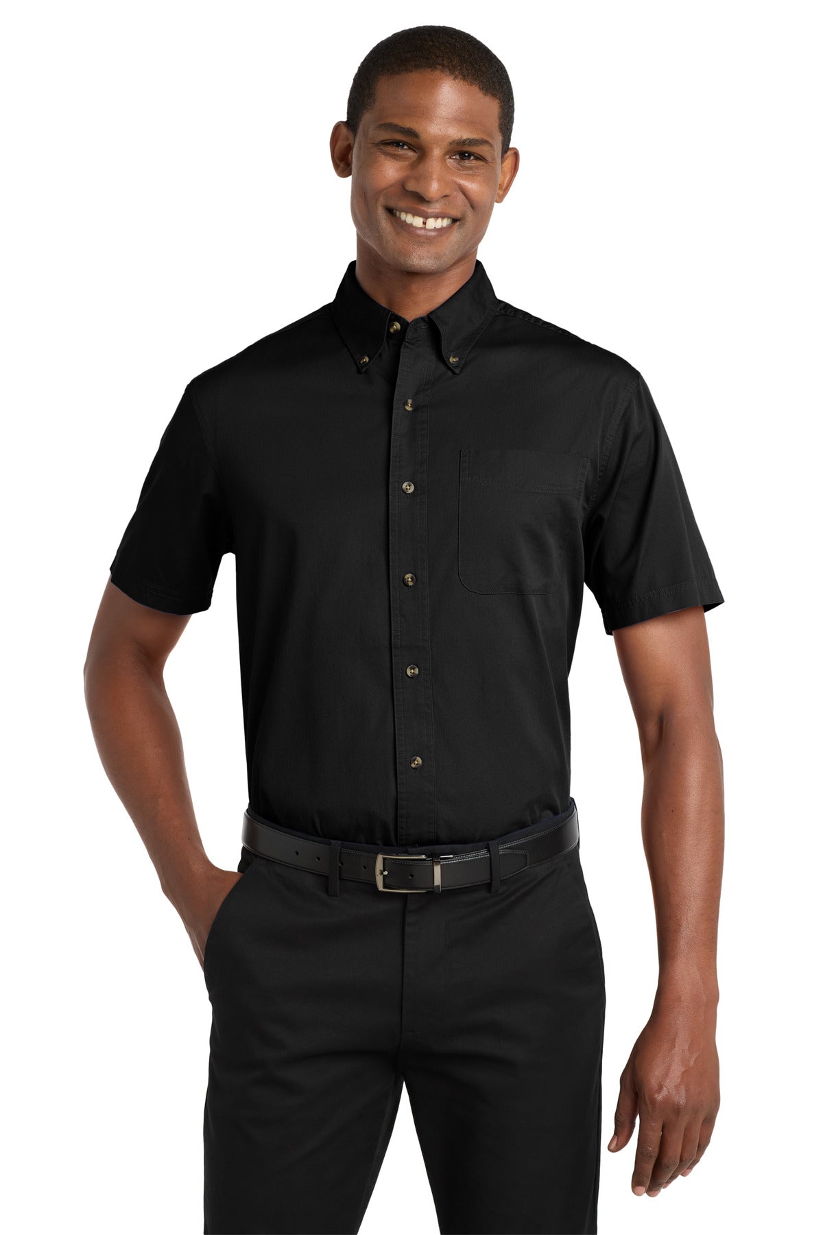 Front View of Black Port Authority Short Sleeve Twill Shirt. S500T