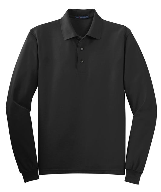Front View of Black Port Authority Silk Touch Long Sleeve Polo. K500LS