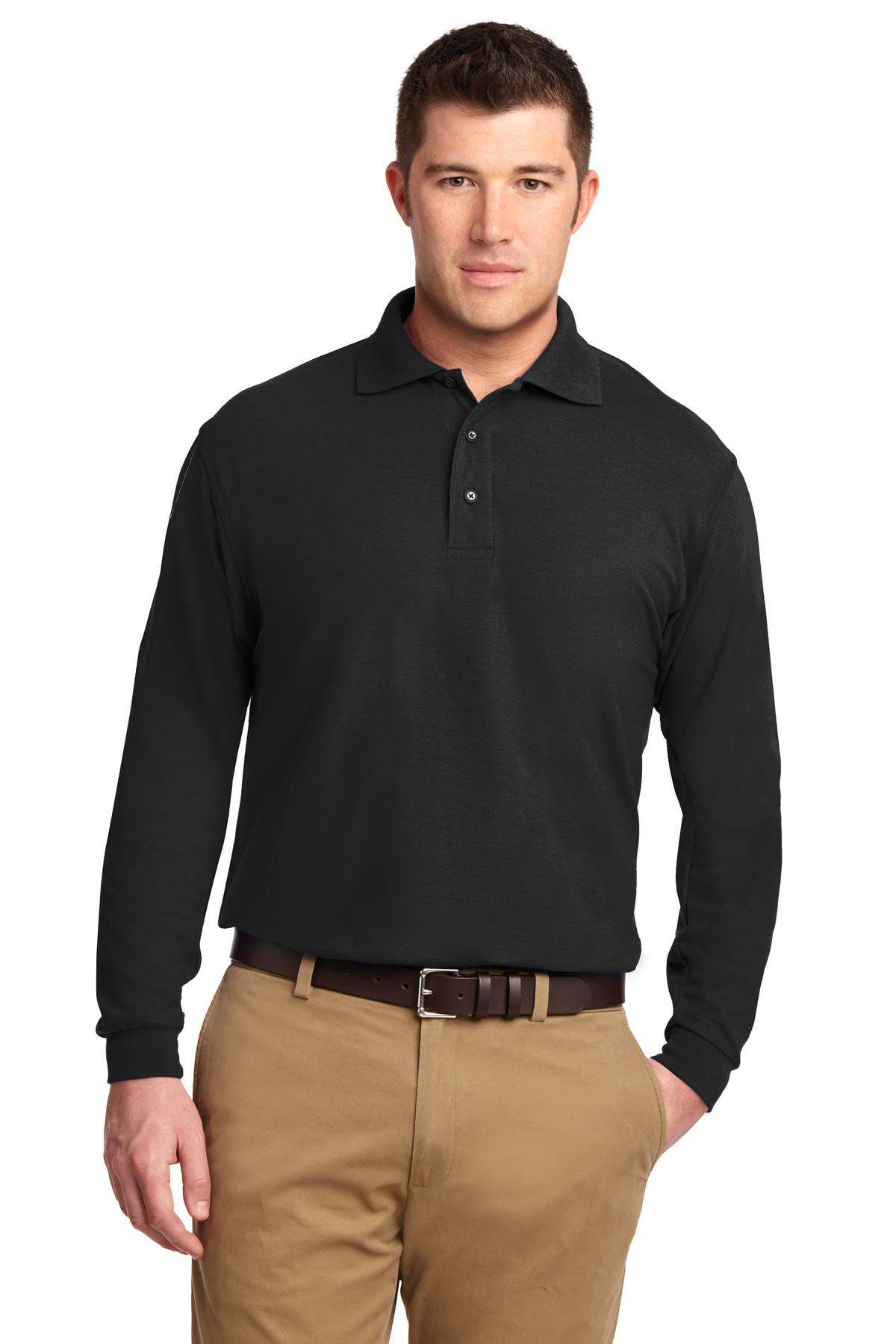 Front View of Black Port Authority Silk Touch Long Sleeve Polo. K500LS
