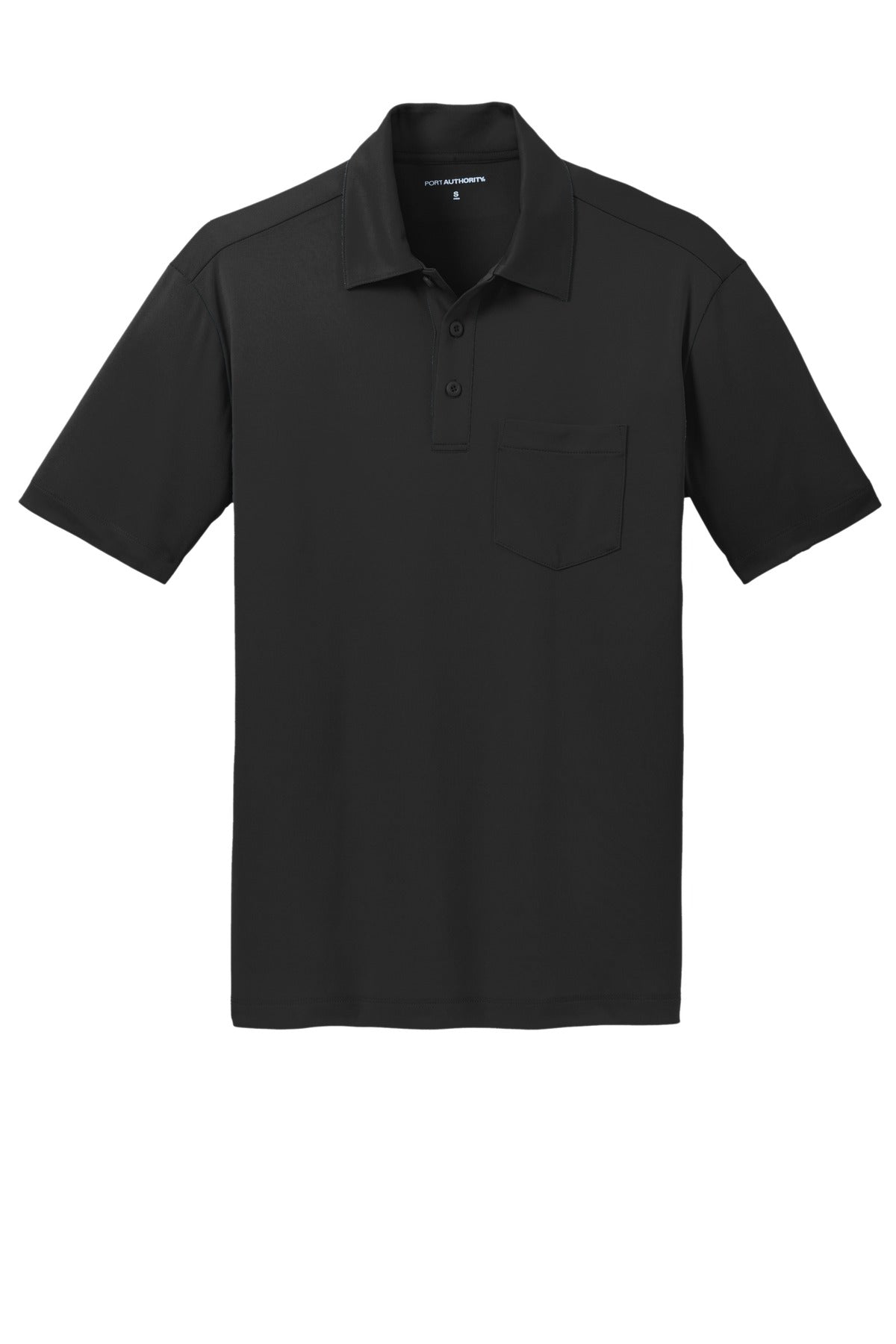 Front View of Black Port Authority Silk Touch Performance Pocket Polo. K540P