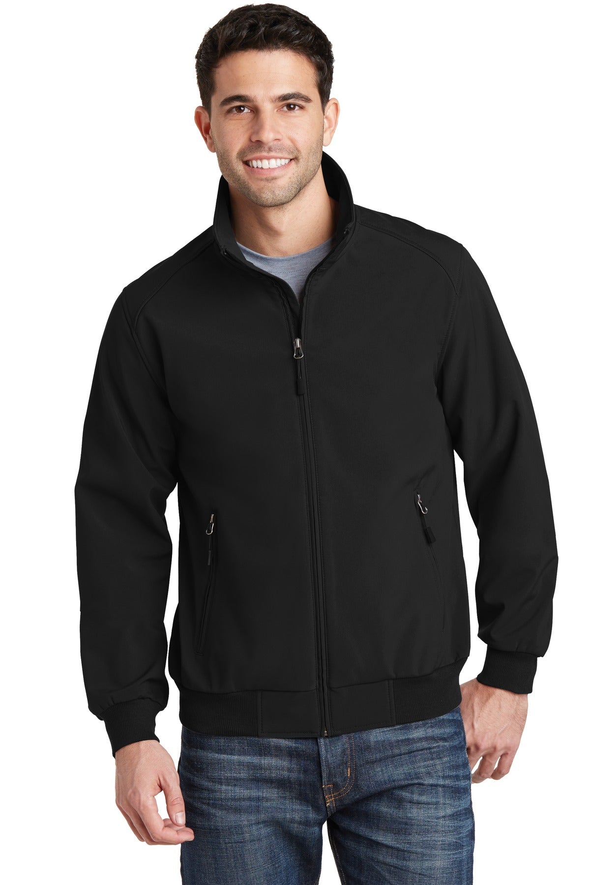 Front View of Black Port Authority Soft Shell Bomber Jacket. J337