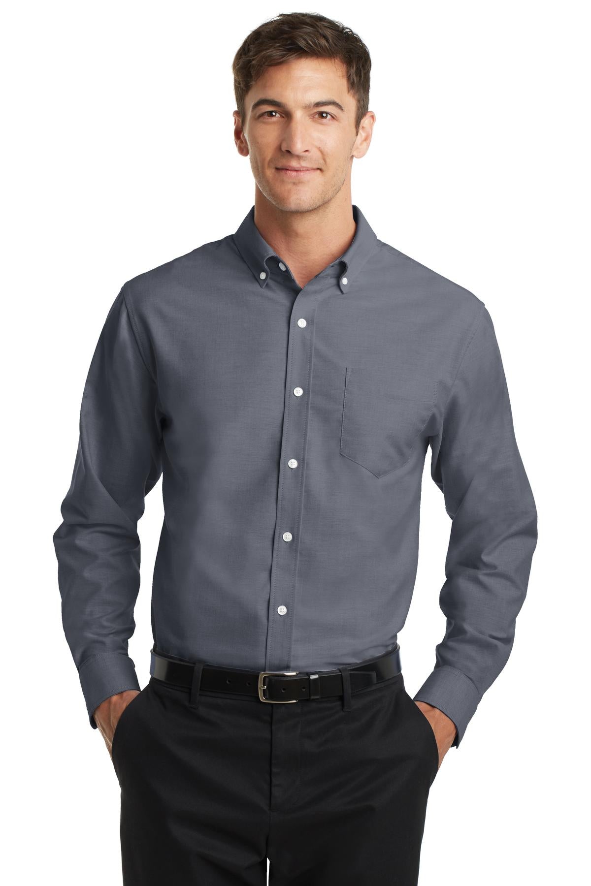 Front View of Black Port Authority SuperPro Oxford Shirt. S658