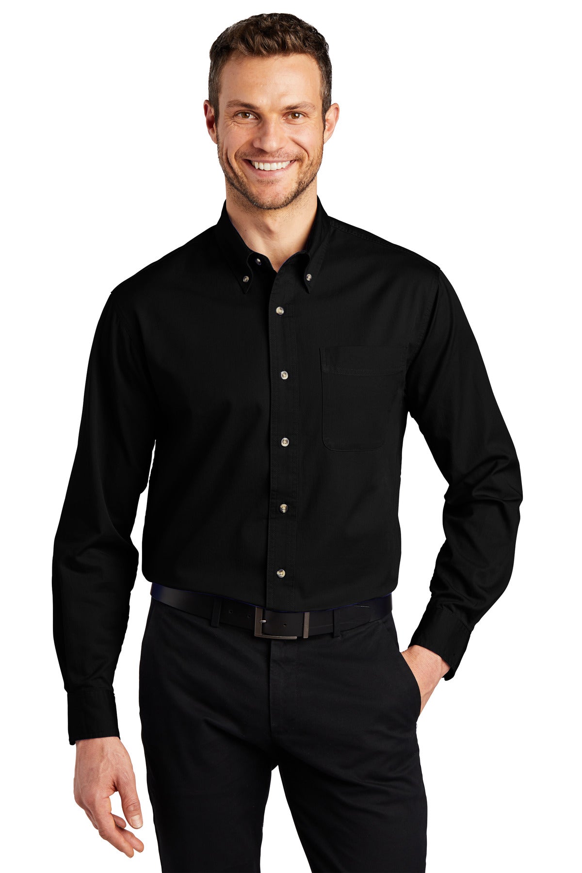 Front View of Black Port Authority Tall Long Sleeve Twill Shirt. TLS600T