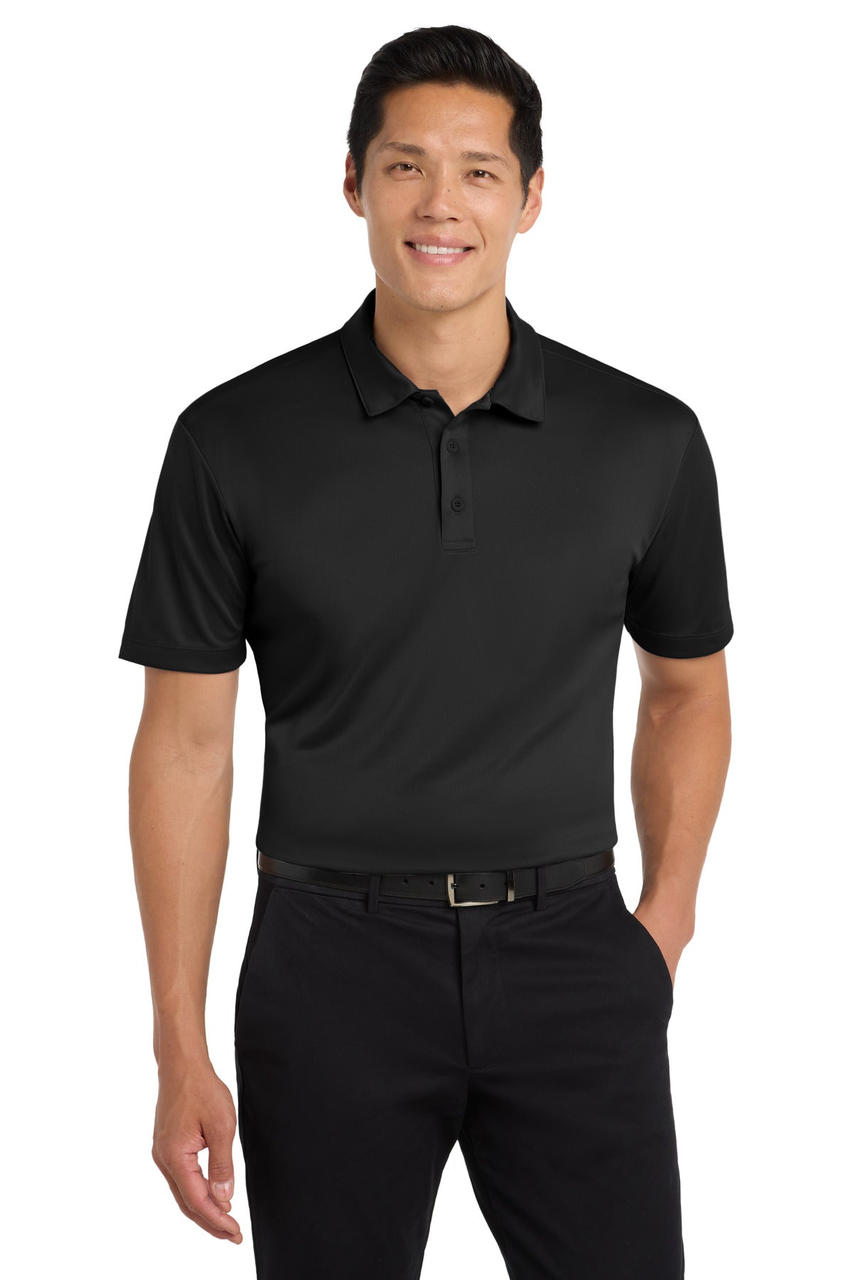 Front View of Black Port Authority Tall Silk Touch Performance Polo. TLK540