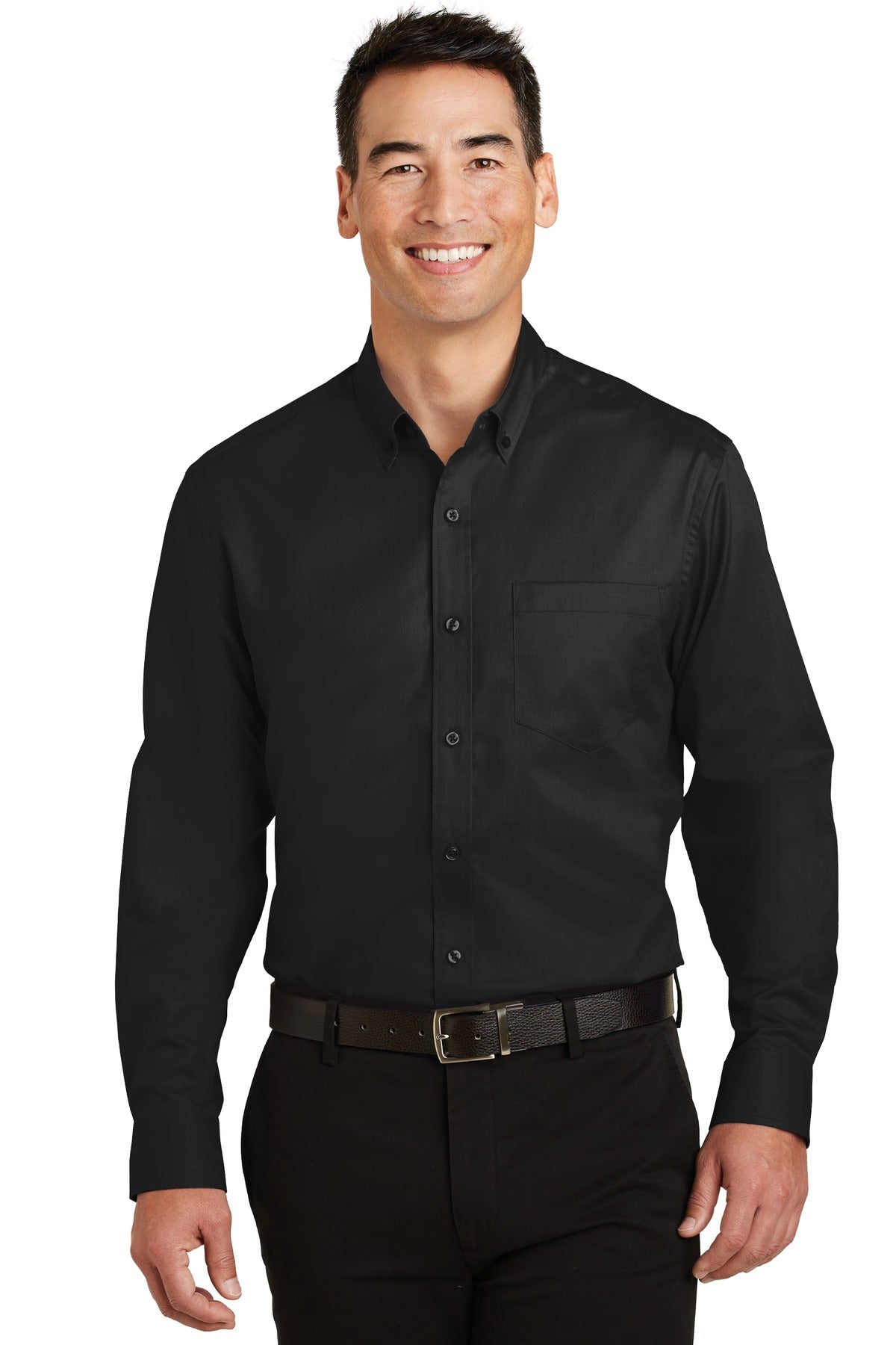 Front View of Black Port Authority Tall SuperPro Twill Shirt. TS663