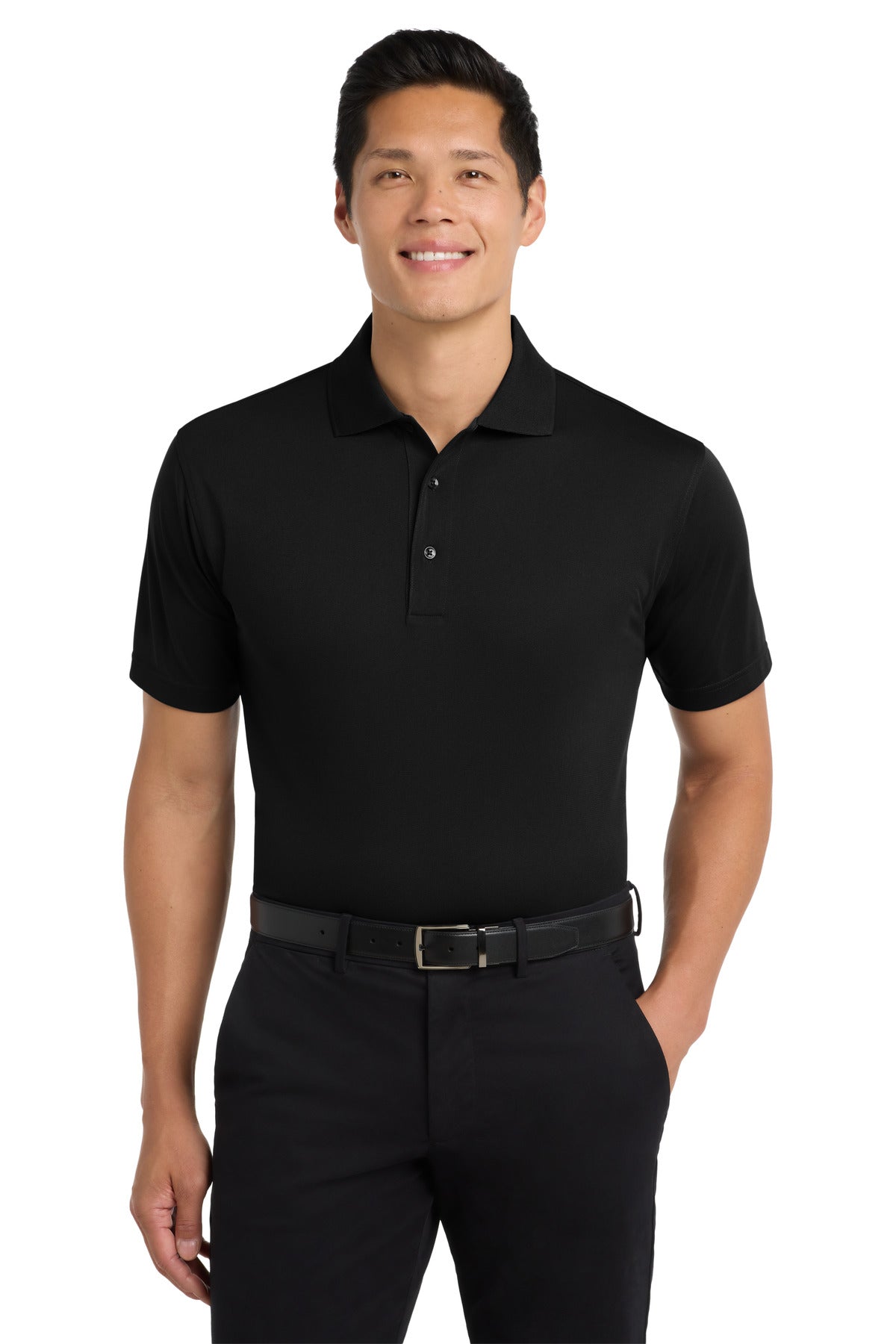 Front View of Black Port Authority Tall Tech Pique Polo. TLK527