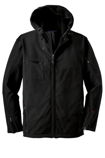 Front View of Black Port Authority Textured Hooded Soft Shell Jacket. J706