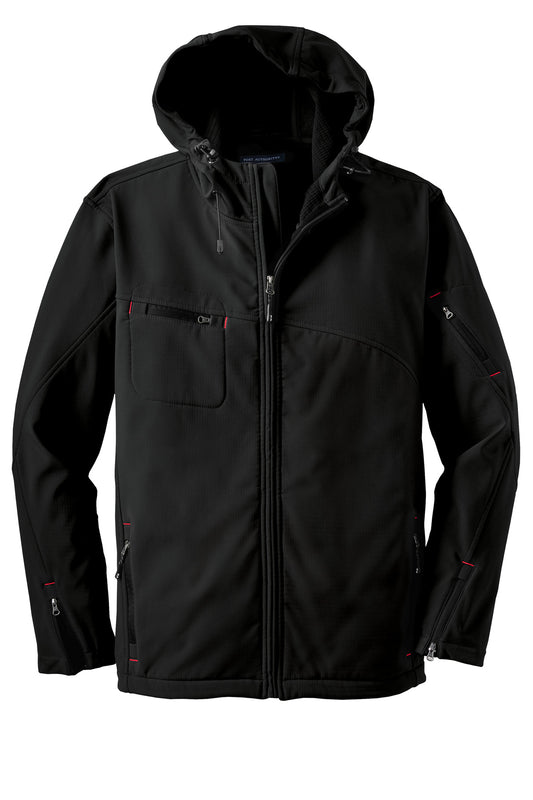 Front View of Black Port Authority Textured Hooded Soft Shell Jacket. J706