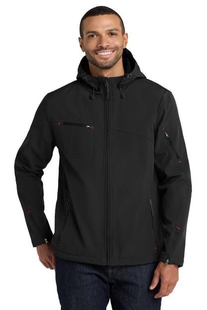 Front View of Black Port Authority Textured Hooded Soft Shell Jacket. J706