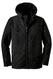 Front View of Black Port Authority Textured Hooded Soft Shell Jacket. J706