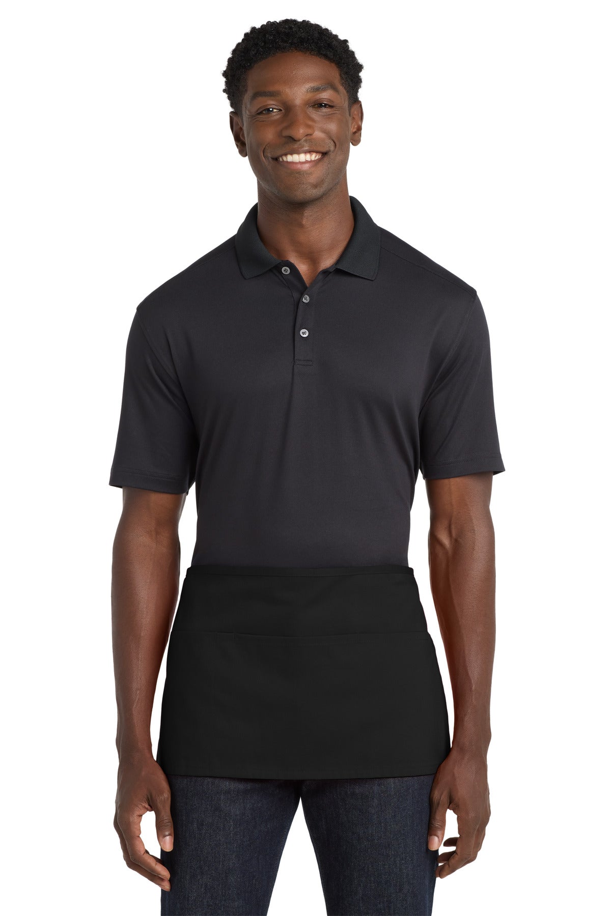 Front View of Black Port Authority Waist Apron with Pockets. A515