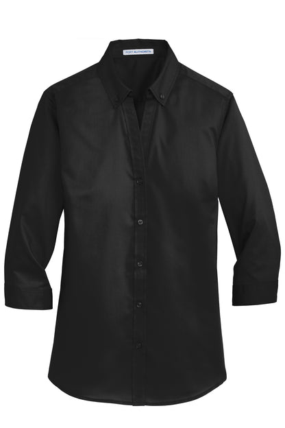 Front View of Black Port Authority Women's 3/4-Sleeve SuperPro Twill Shirt. L665